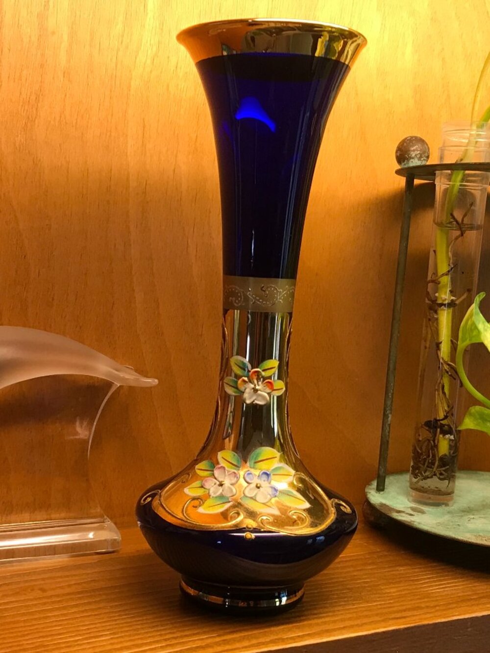 LEFTON JAPAN Vase in Cobalt Blue and Gold Enamel Art Glass Excellent Condition
